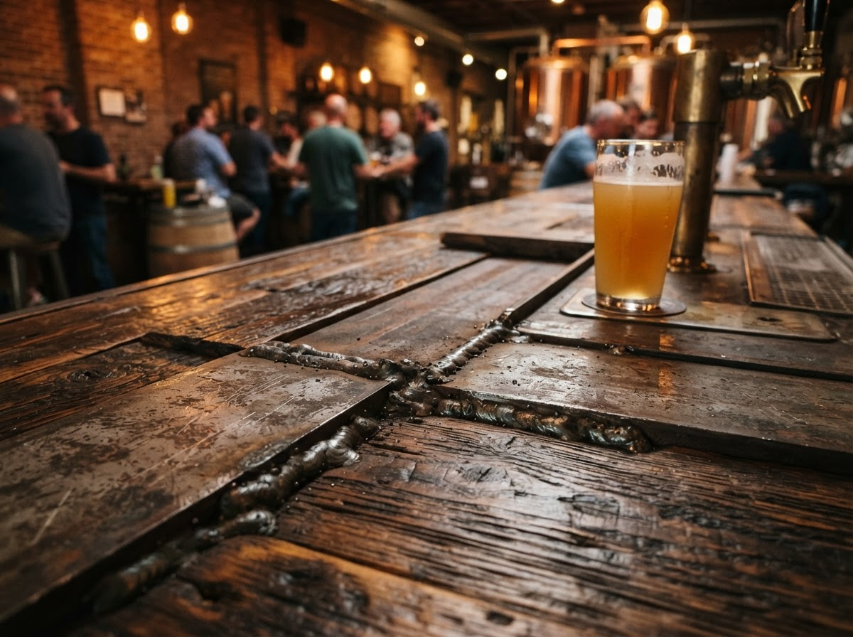 Handcrafted bar top from welded I-beams