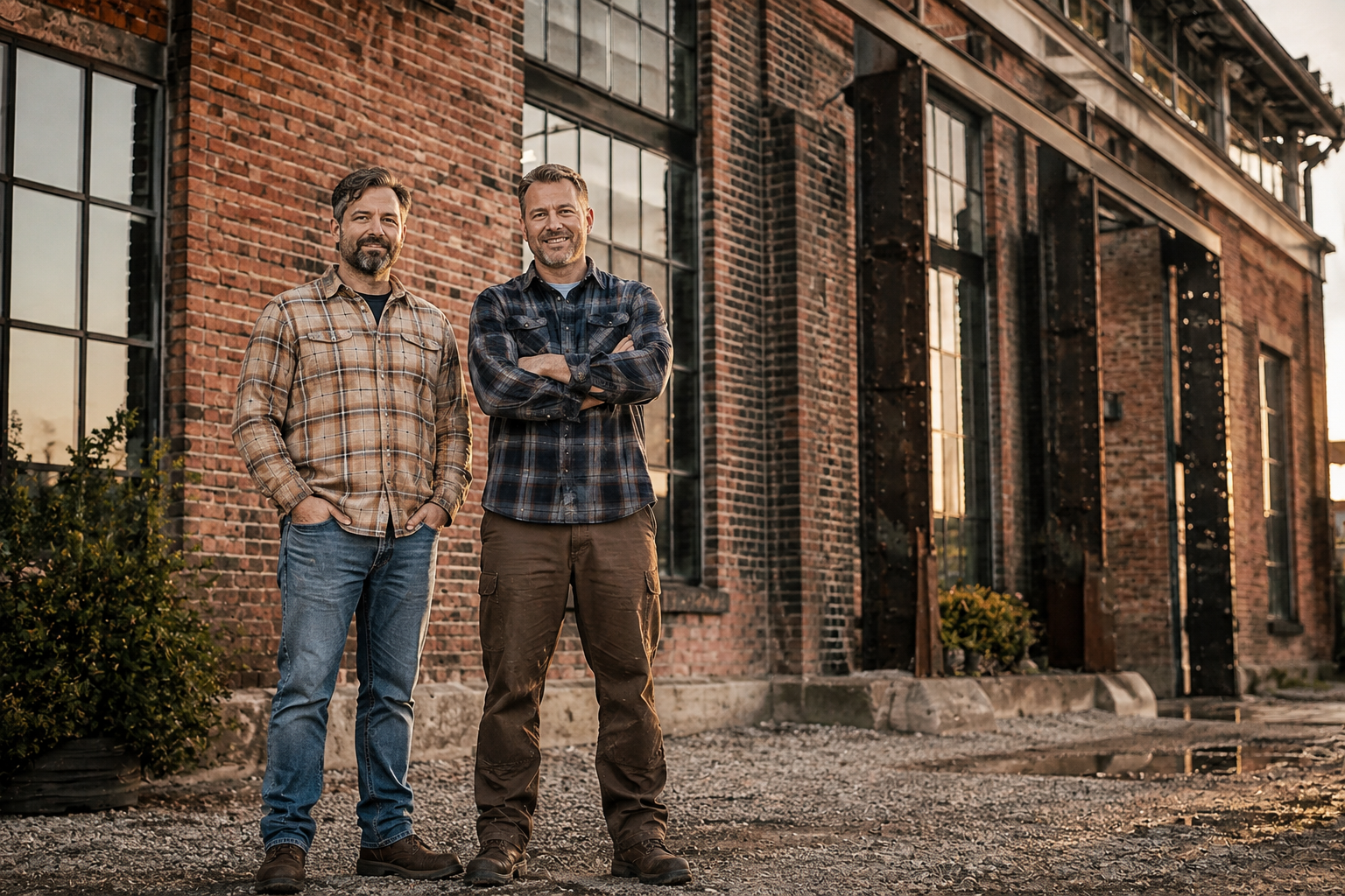 Brewery founders Mike Kowalski and Tony Reyes standing in front of the historic 1948 machine shop building that is now Foundry Row Brewing