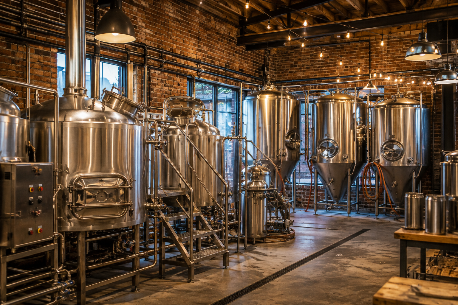 Interior of Foundry Row Brewing showing fermentation tanks, brew kettles, and beer-making equipment in the restored machine shop