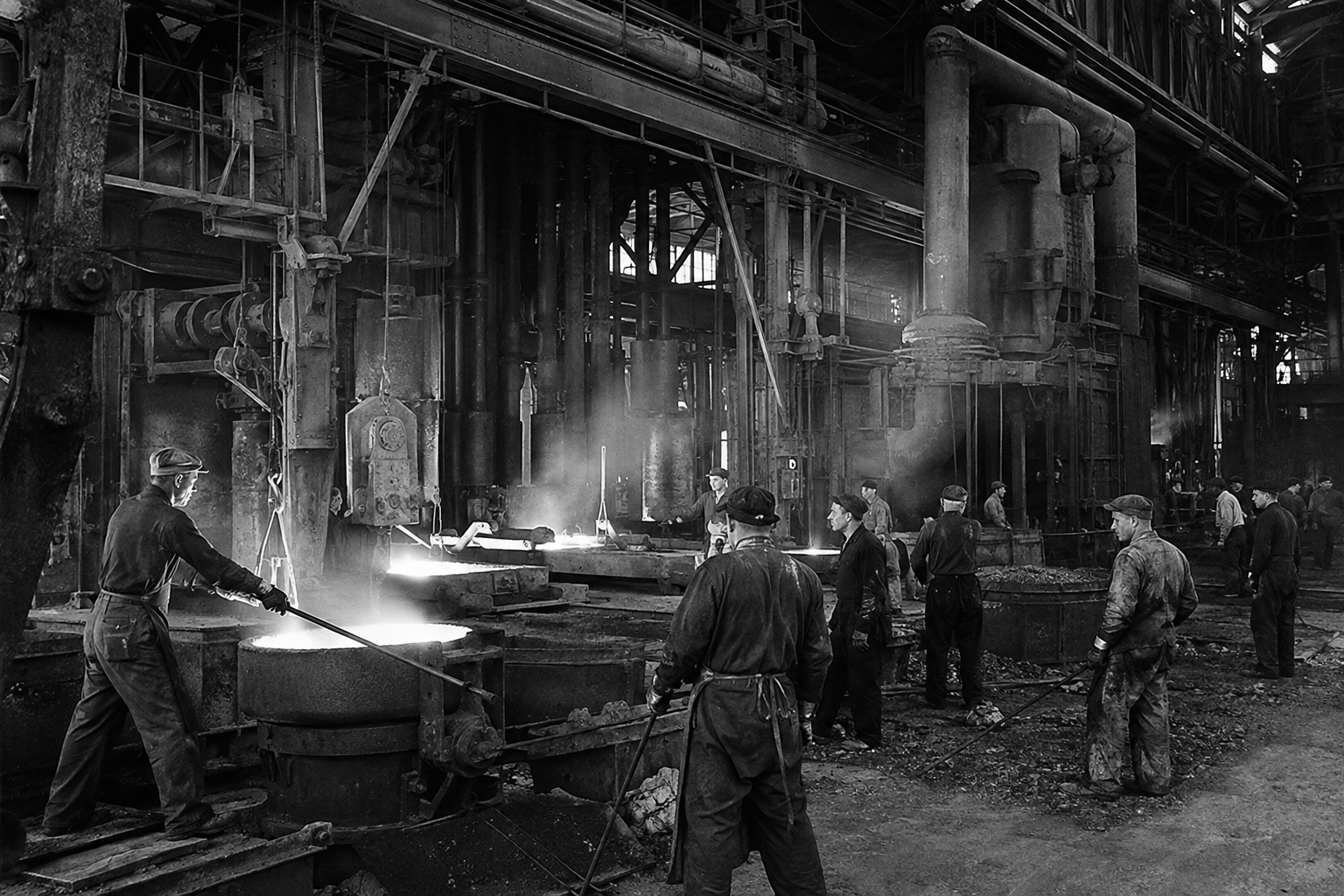 Black-and-white archival photograph of a steel mill and foundry in its industrial heyday, showing workers and machinery from Pittsburgh's Steel Town era