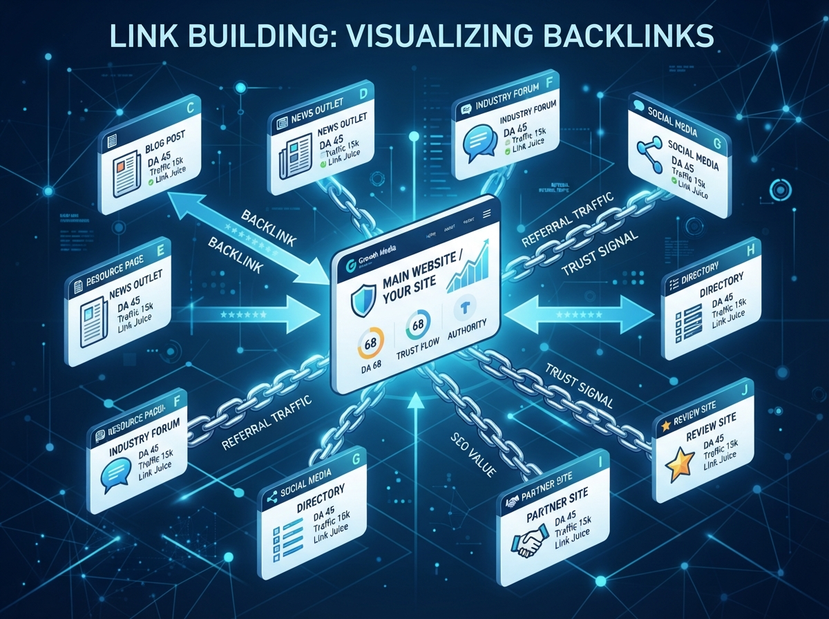 Link building concept showing websites connected by backlinks