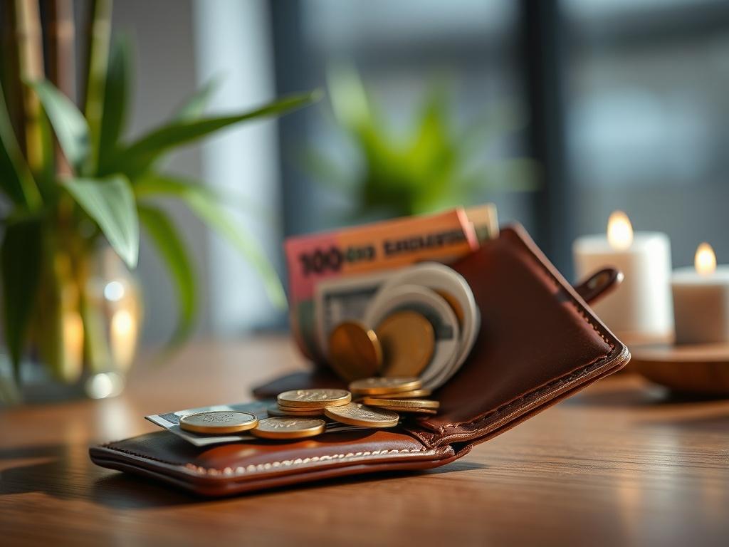 Create a high-resolution, hyper-realistic close-up image that encapsulates the theme of "Feng Shui Your Wallet." The main subject should be an elegantly arranged wallet, open and showcasing its interior filled with strategically placed, vibrant colored currency notes and shiny coins, symbolizing wealth and abundance. The wallet itself should be a premium leather design, rich in texture and with a glossy finish to reflect light beautifully.

In the background, feature soft, out-of-focus elements that evoke a