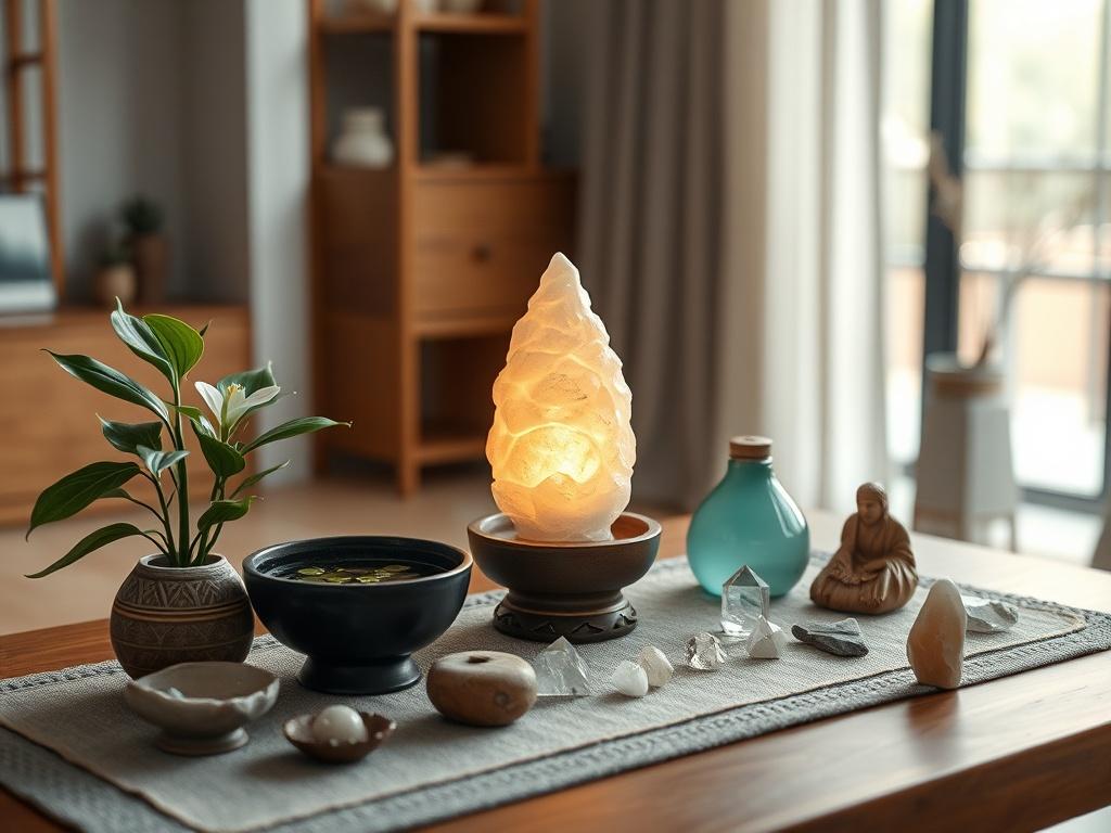 Create a realistic high-resolution image focusing on a single, beautifully arranged Feng Shui altar that embodies the basics of this ancient practice. The altar should be adorned with traditional elements such as a small water fountain, a well-placed plant (like a peace lily), and a few harmonious crystal displays. The centerpiece should be a gently glowing salt lamp, casting a warm, inviting light. 

The background should feature a softly blurred interior space showcasing natural materials like wooden elem