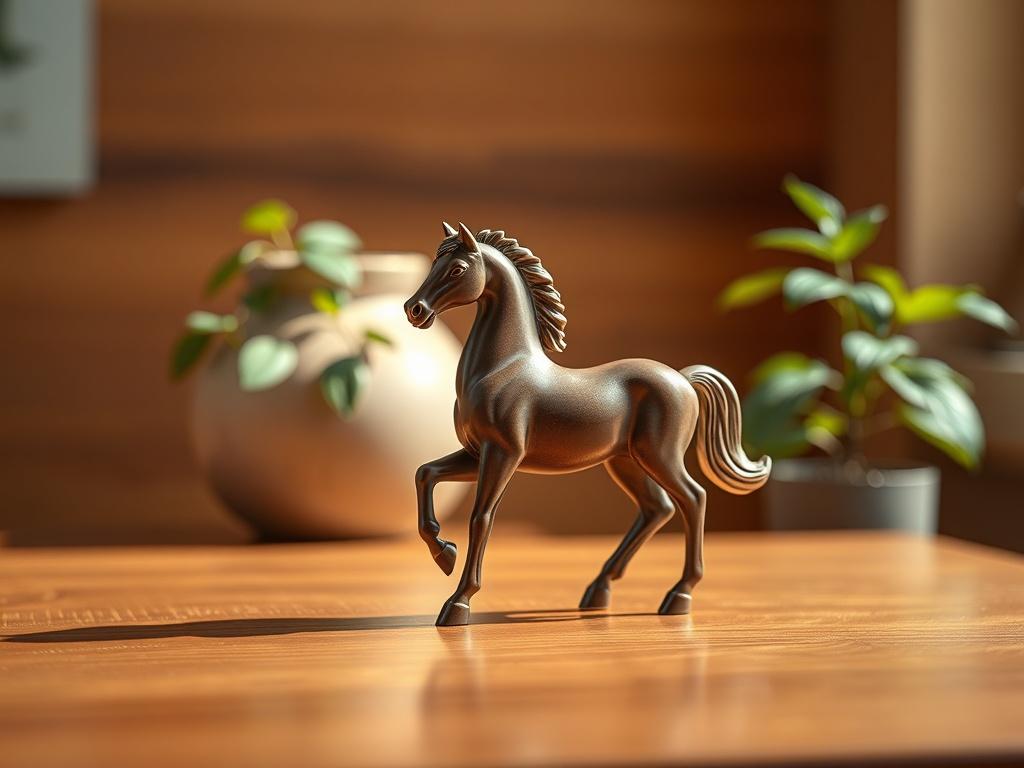 Create a realistic high-resolution image that embodies the theme "Feng Shui 2026." The image should focus on a single, elegant horse figurine, symbolizing the Year of the Horse. This figurine should be positioned centrally on a smooth wooden table, showcasing its intricate details and craftsmanship. 

The background should be softly blurred to emphasize the horse figurine, featuring warm, inviting colors that resonate with Feng Shui principles, such as earthy browns and calming greens. Delicate plants with 