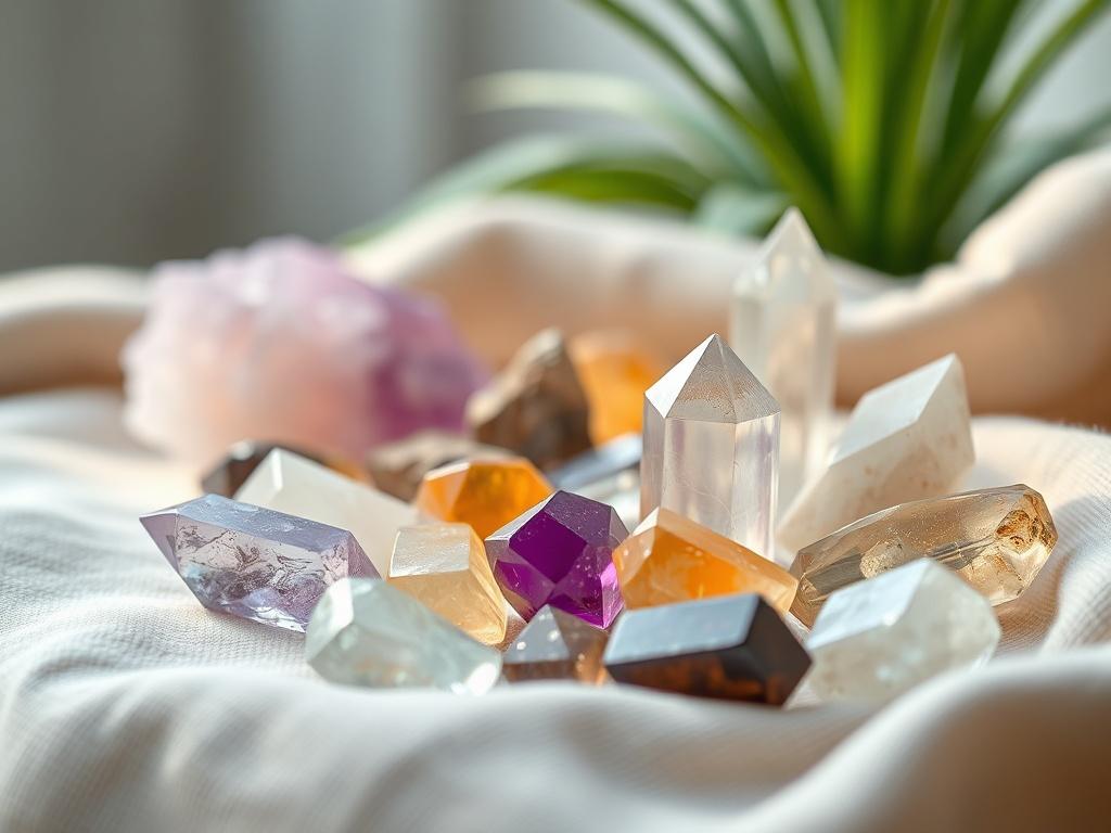 A close-up shot of a serene, peaceful setting for crystal healing. In the foreground, a collection of beautifully arranged crystals in various colors, including amethyst, quartz, and citrine, is placed on a soft, natural fabric. Soft, ambient light flows gently around the crystals, creating a calming atmosphere. In the background, a subtle hint of lush green plants can be seen, enhancing the tranquility of the scene. The image should evoke feelings of relaxation and healing, with a focus on the crystals as 
