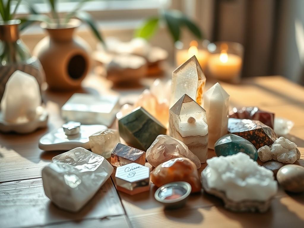 A close-up shot of a serene crystal healing setup featuring various healing crystals arranged harmoniously on a natural wood table. Soft natural light filters through, highlighting the textures of the crystals and the calm ambiance of the setting. The background is blurred to focus on the crystals, creating a tranquil atmosphere that conveys balance and energy healing.