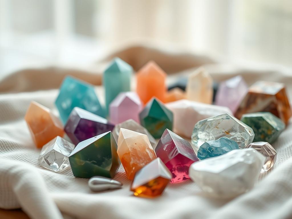 A close-up shot of a serene healing space featuring a variety of colorful crystals arranged beautifully on a soft, natural fabric. The background should be softly blurred to emphasize the crystals' vibrant colors and textures, creating a calming atmosphere. Utilize natural lighting to enhance the crystal's brilliance, and ensure the composition is clean and focused, with no distractions.