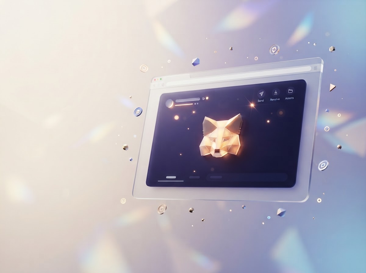 A browser wallet window floating among softly glowing digital tokens