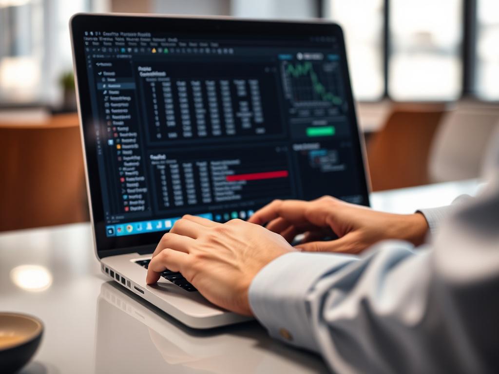 A close-up shot of a cybersecurity expert intently reviewing security configurations on a laptop screen. The focus is on the expert's hands typing on the keyboard, with the laptop displaying security analysis software in the background. The setting is a modern office environment, with soft lighting that highlights the expert's concentration. The composition should be simple and clear, emphasizing the importance of security audits, and the color scheme should incorporate the rgb(50, 170, 39) primary color.