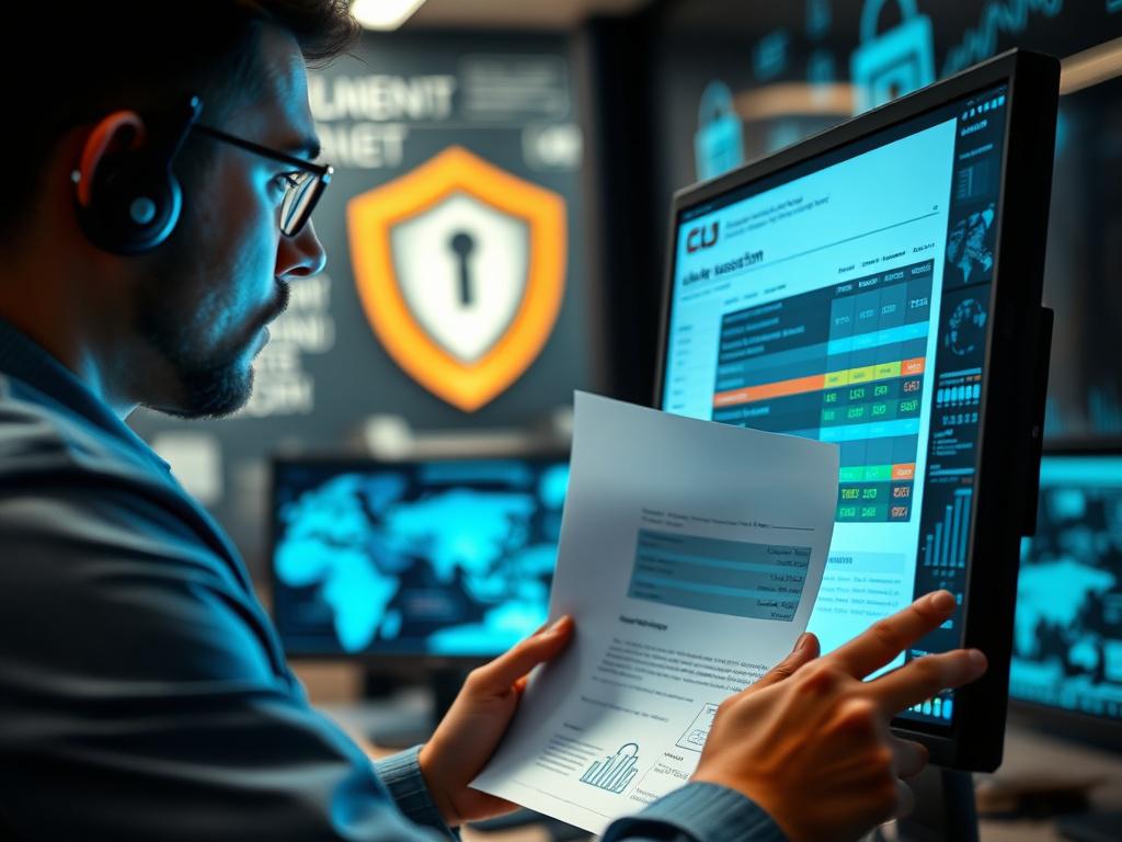 A close up shot of a cybersecurity professional analyzing a