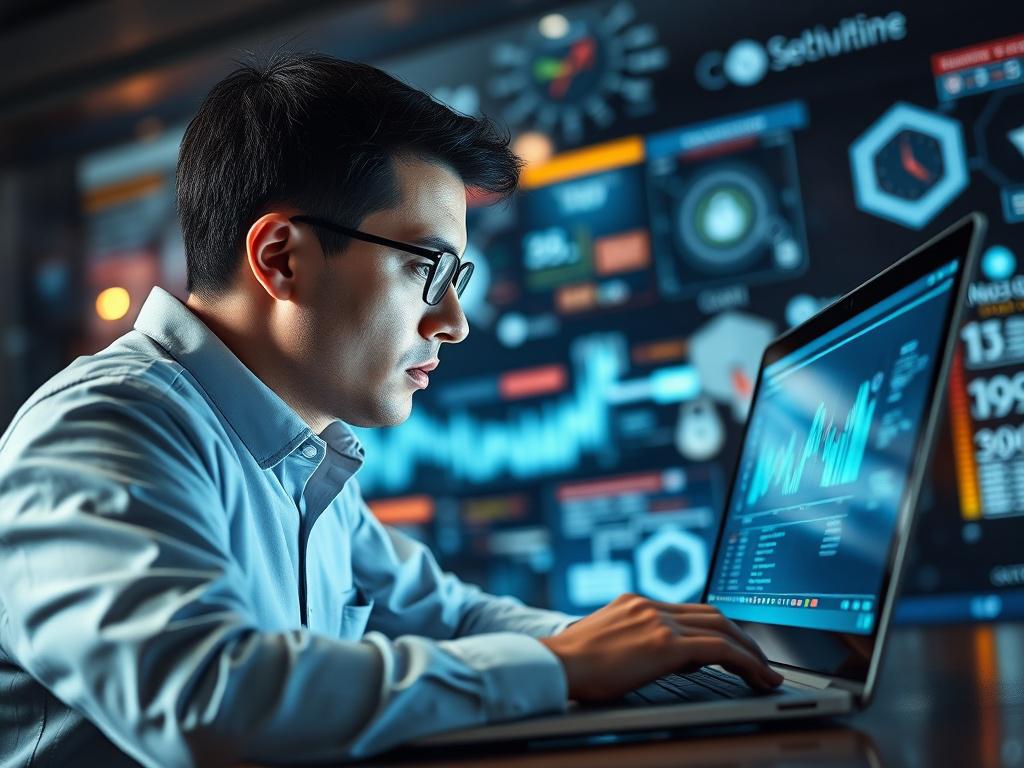 A hyper-realistic close-up image of a professional cybersecurity analyst using advanced AI software on a sleek laptop. The analyst is focused, analyzing data on the screen, surrounded by digital security graphics in the background. The scene is well-lit, emphasizing the high-tech environment and the importance of AI in enhancing security. The image should be shot with a 45mm f/1.2 lens for a sharp foreground and a softly blurred background, aligning with the rgb(50, 170, 39) color scheme.