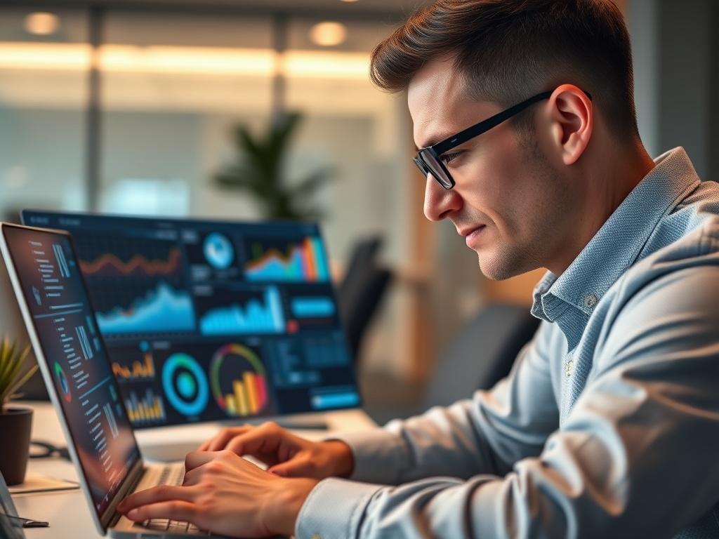A close-up shot of a professional consultant working on a laptop, analyzing data visualizations related to AI adoption. The consultant is focused, with a thoughtful expression, surrounded by high-tech gadgets and digital interfaces. The background is a modern office setting with soft lighting, emphasizing a sense of innovation and professionalism. The image should be rendered in high-resolution with a hyper-realistic style, captured using a 45mm f/1.2 lens, and should harmonize with the rgb(50, 170, 39) pri