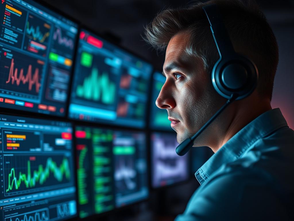 A close-up shot of a cybersecurity professional actively monitoring security alerts on multiple screens in a darkened room. The screens display a flow of data, graphs, and alerts. The subject is focused, wearing a headset, with a serious expression. The background is softly lit with a futuristic ambiance, showcasing the high-tech environment. The image should be rendered in hyper-realistic style with a shallow depth of field to emphasize the subject. The color scheme should incorporate rgb(50, 170, 39) to a