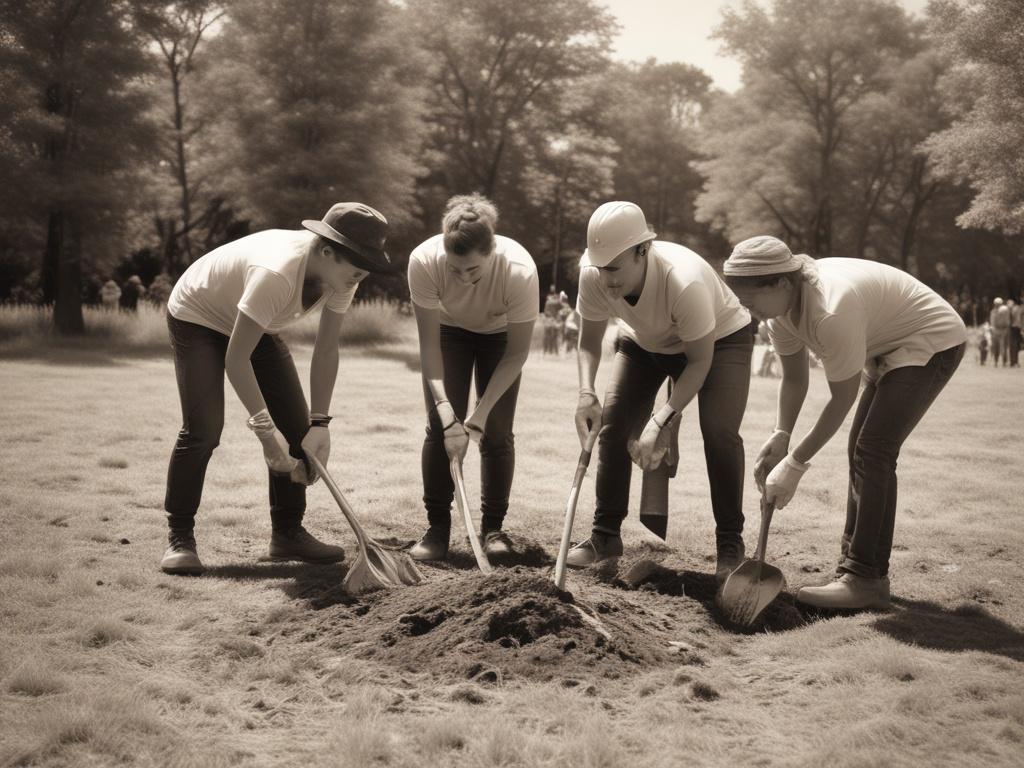 A sepia toned image showcasing a community project in action,