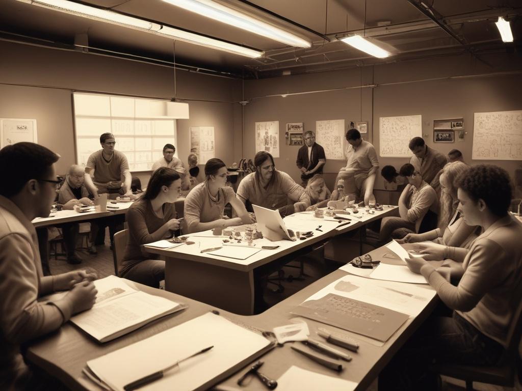 A realistic sepia image of a workshop setting with a
