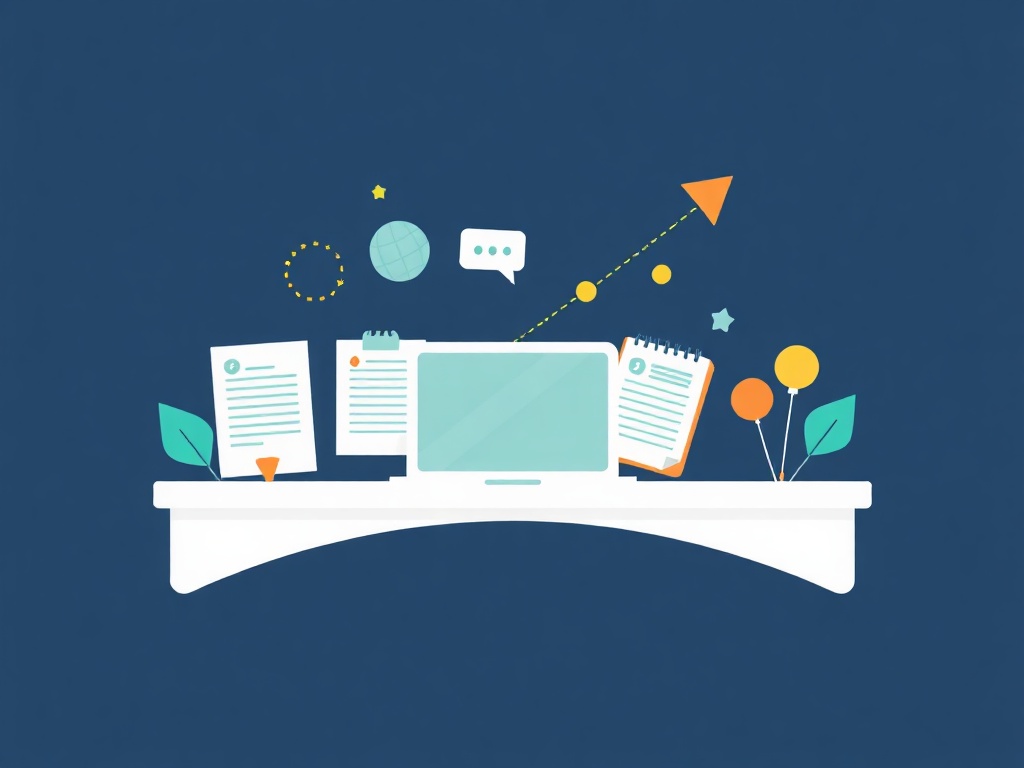 Modern illustration showing career development tools including resume, laptop, and notebook connected by an upward growth pathway