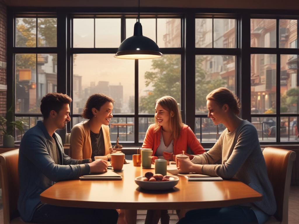 A diverse group of travelers sharing stories over coffee at