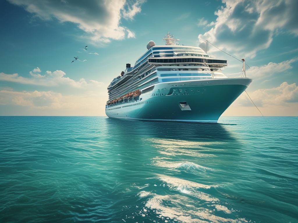 A vibrant cruise ship sailing through turquoise waters, clear skies,