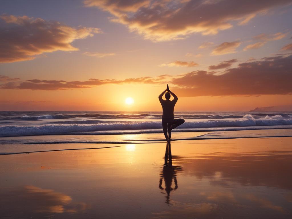 A serene beach scene with a person practicing yoga at