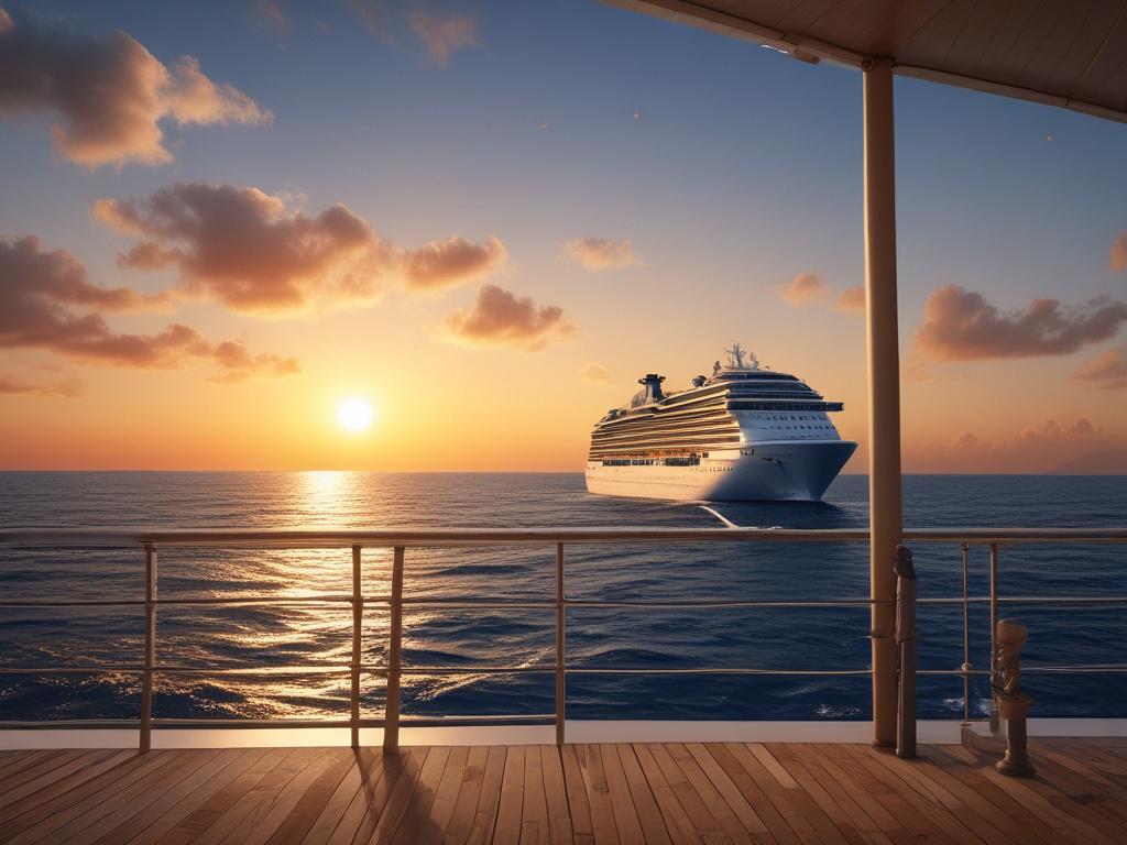 a luxurious cruise ship sailing through clear blue waters, sun setting on the horizon, minimalistic design, focus on the ship's elegance and the beauty of the ocean