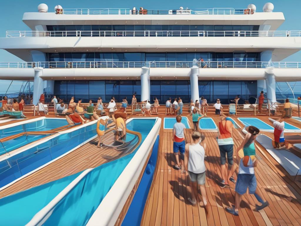 a vibrant cruise ship with people enjoying the deck, bright blue sky, sunny day, minimalistic design, focus on smiling faces and joyful atmosphere