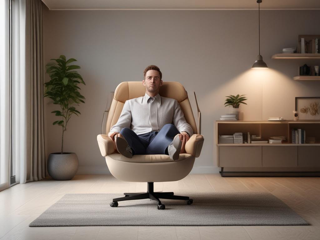 A serene and inviting coaching environment, featuring a comfortable chair and a warm light setting. The focus should be on a person sitting in the chair, looking relaxed and engaged in conversation. The background should be soft and calming, with subtle colors that evoke a sense of peace and clarity.