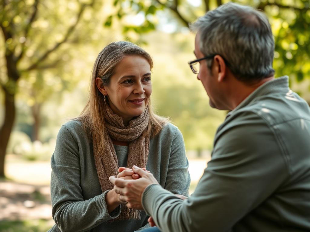 A serene coaching session in a tranquil setting, featuring a psychologist and a client engaged in conversation. The background should include calming nature elements, like trees and gentle sunlight. The scene is shot in hyper-realistic detail with a focus on their expressions, conveying a sense of connection and understanding. The overall color scheme should harmonize with rgb(50, 170, 39), emphasizing tranquility and growth.