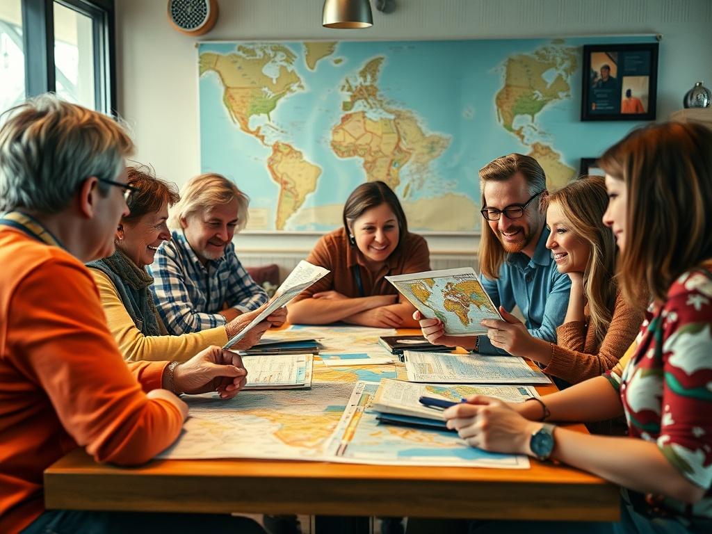 A vibrant travel club meeting, where members are engaged in planning future adventures. The setting should be lively, filled with maps and travel brochures, with members sharing their experiences. Capture their enthusiasm and camaraderie in hyper-realistic detail, emphasizing the joy of exploration. The color scheme should reflect rgb(50, 170, 39), creating a sense of excitement and adventure.
