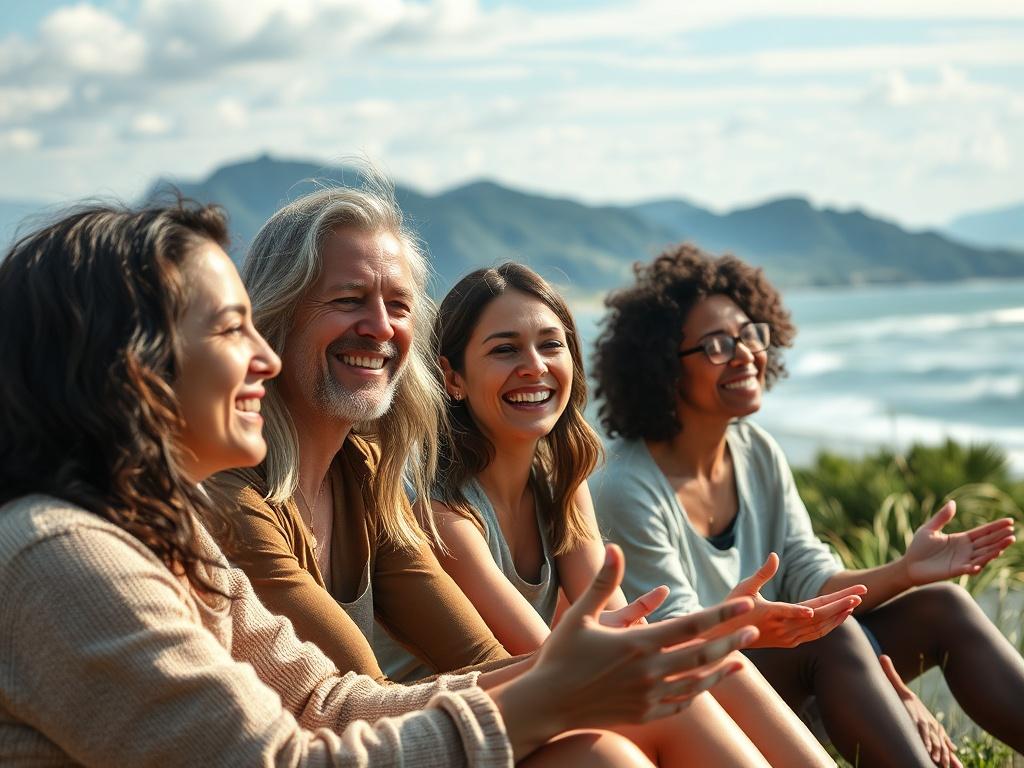 A picturesque retreat setting in nature, showcasing a small group of individuals engaged in a therapeutic activity. The scene should capture the essence of connection and support among participants, with natural elements like mountains or a beach in the background. Focus on their expressions of joy and reflection, all in hyper-realistic detail. The color palette should align with rgb(50, 170, 39) to evoke feelings of serenity and rejuvenation.