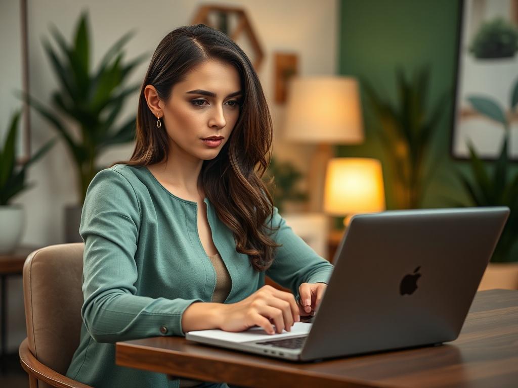 A close-up shot of a woman engaged in a coaching session, sitting at a stylish desk with a laptop open in front of her. She has a focused and determined expression while taking notes. The background is softly blurred, showcasing a cozy, well-decorated room that exudes a warm and inviting atmosphere. The color scheme incorporates shades of green to align with the primary color (rgb(50, 170, 39)), creating a harmonious and inspiring environment.