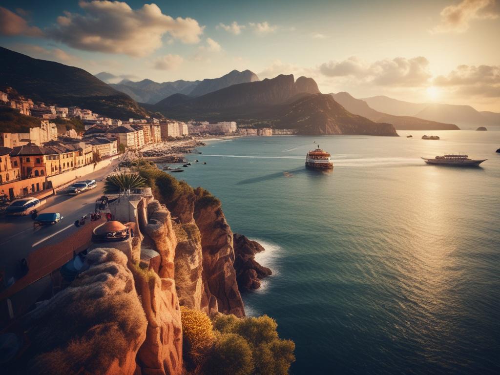 Create a realistic high-resolution photo that embodies the essence of transforming a passion for travel into a thriving career. The composition should be simple and clear, featuring a single subject: a young professional standing on a beautiful cruise ship deck, gazing out at a stunning seascape during sunset. The subject is a smiling individual in their late 20s, dressed in smart-casual travel attire, exuding confidence and excitement about their journey.

The background should showcase a breathtaking ocea