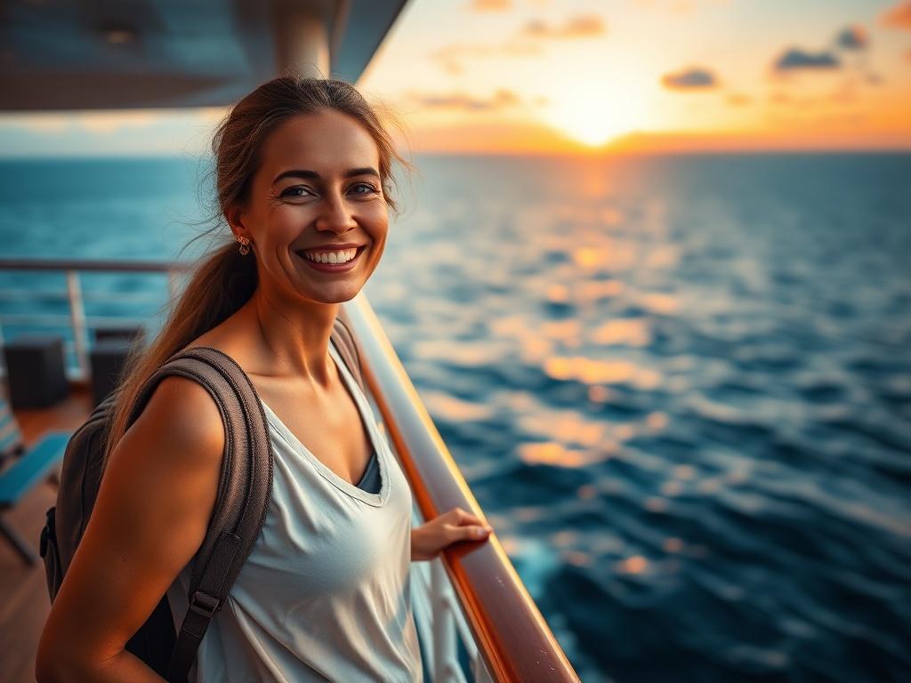 A close-up shot of a serene traveler standing on a cruise ship balcony, overlooking a vast blue ocean at sunset. The traveler is smiling, radiating joy and peace, with gentle waves reflecting the warm colors of the sky. The background is blurred to focus on the traveler, embodying the essence of adventure and well-being. The image is captured in hyper-realistic style, shot with a 45mm f/1.2 lens, emphasizing the primary color palette of rgb(50, 170, 39).