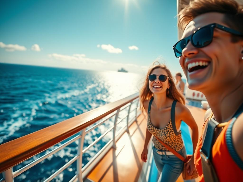 A close-up of a person joyfully exploring a vibrant cruise deck, with a stunning ocean view in the background. The sunlight glimmers on the water, and the person is smiling, enjoying the moment. The colors are bright and inviting, capturing the essence of adventure and freedom.