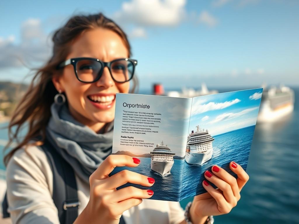 A close-up of a person presenting a cruise brochure with excitement, showcasing beautiful cruise ships in the background. The person exudes enthusiasm, with a bright smile and a picturesque seaside setting. The image reflects the allure of travel and opportunities.