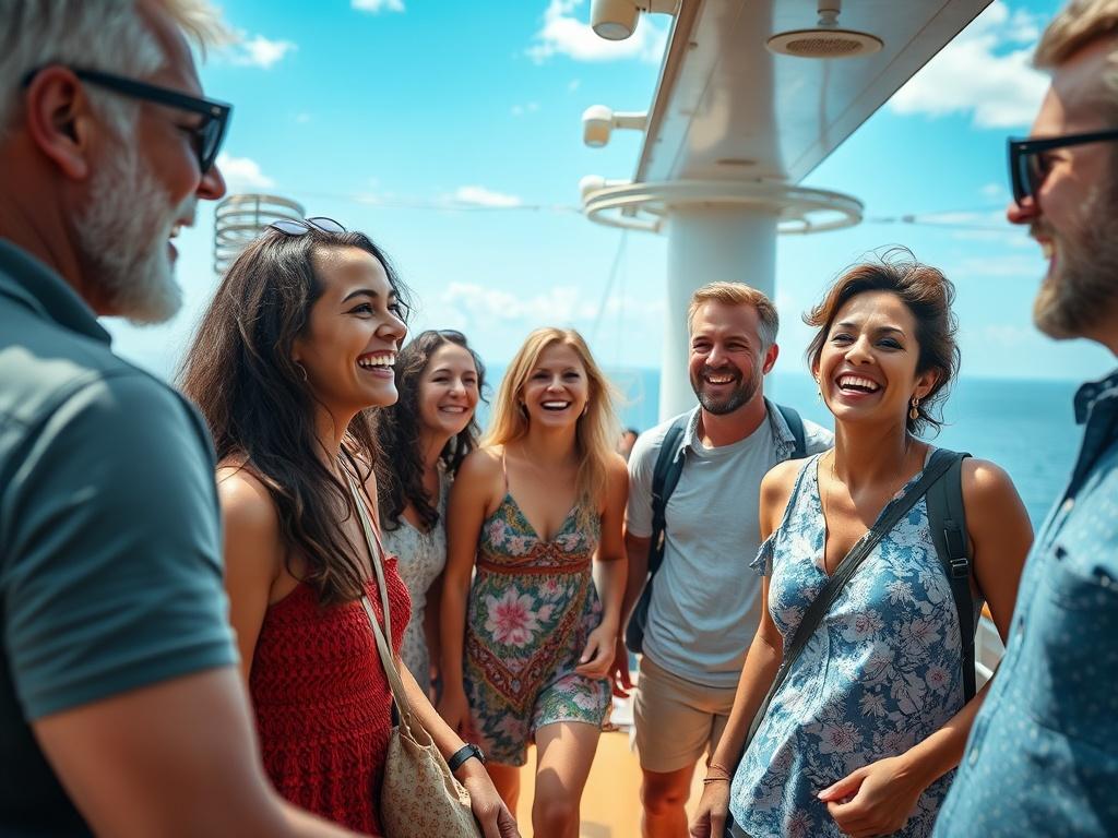 A close-up of a group of diverse travelers laughing together on a cruise ship deck, with stunning ocean views behind them. The camaraderie and joy of travel are evident as they share stories and experiences. The scene is vibrant and inviting.