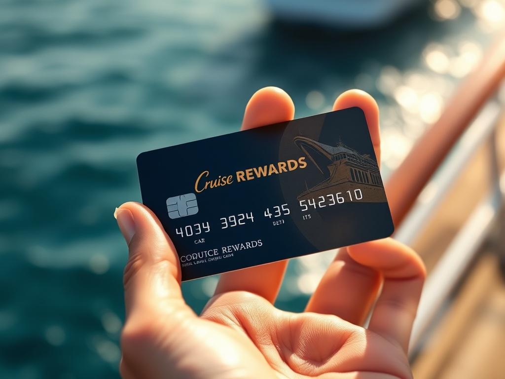 A close-up of a hand holding a beautifully designed cruise rewards card, with an ocean backdrop in soft focus. The card sparkles in the sunlight, showcasing its premium quality and design. The image conveys a sense of excitement and opportunity, with hints of lush green reflecting in the background, emphasizing the rewards theme.
