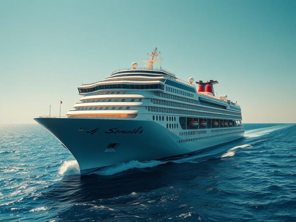 A close-up shot of a beautiful cruise ship gliding through sparkling blue waters, with a clear sky in the background. The ship is elegantly designed, showcasing its luxurious decks and vibrant colors. The focus is sharp on the ship, highlighting intricate details, with the RGB color of primary green (rgb(50, 170, 39)) subtly incorporated into the scene.