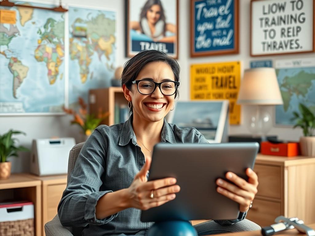 A cheerful travel coach sitting in a cozy office space, engaged in a video call with a client. The background should feature travel-themed decor, including maps, cruise brochures, and inspirational travel quotes. The coach should be smiling and animated, conveying enthusiasm and encouragement. The image should evoke a sense of connection and guidance, emphasizing the transformative journey of turning travel passion into a career.