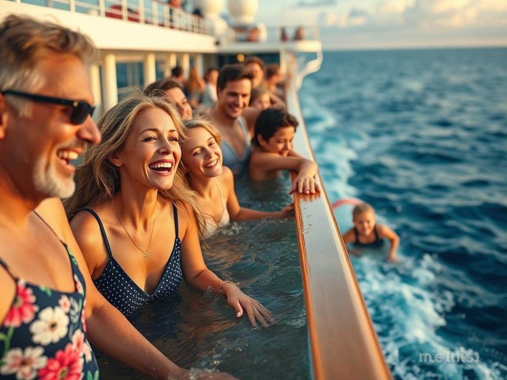 A vibrant image of a happy family enjoying their time on a luxurious cruise ship, with the ocean in the background. The family should be seen participating in various activities on board, such as dining, swimming, and enjoying entertainment. The focus should be on the joy of cruising and the experiences available through inCruises membership, showcasing a lively atmosphere filled with laughter and relaxation.