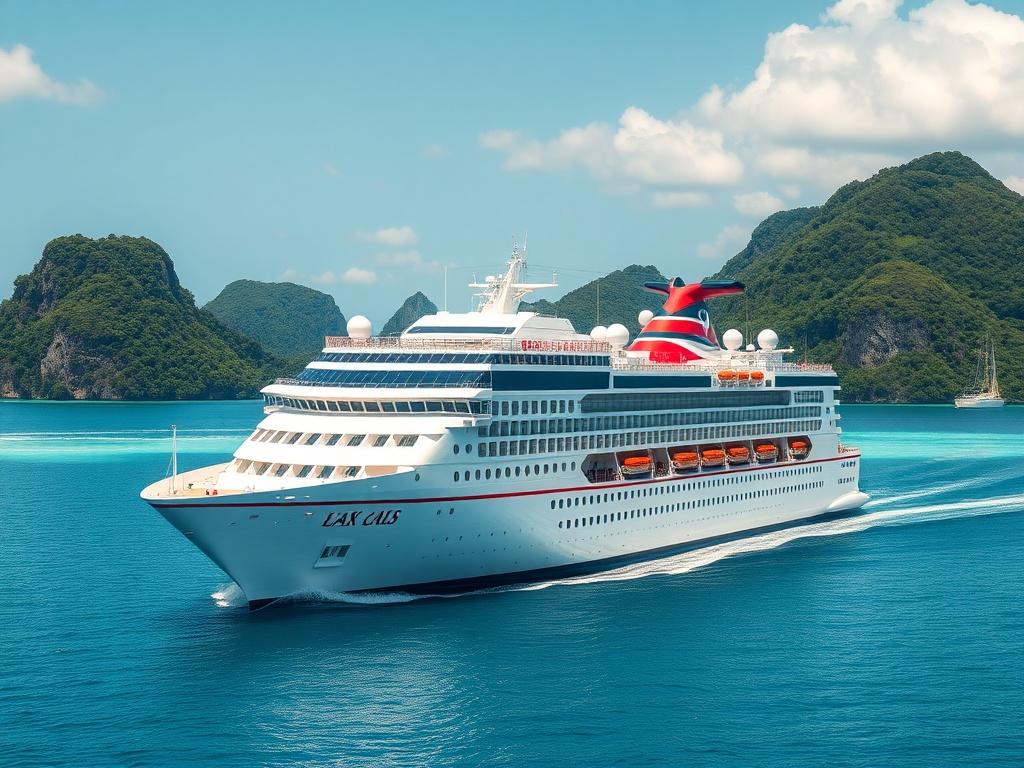 A stunning cruise ship sailing through crystal clear waters, with a backdrop of lush green islands and a bright blue sky. The image should be a close-up shot, capturing the grandeur of the ship as it glides gracefully. The focus should be on the ship, showcasing its vibrant colors and details, with the serene ocean and picturesque islands in the background, creating a sense of adventure and exploration. The overall tone should be inviting and inspiring, optimized for a travel experience.