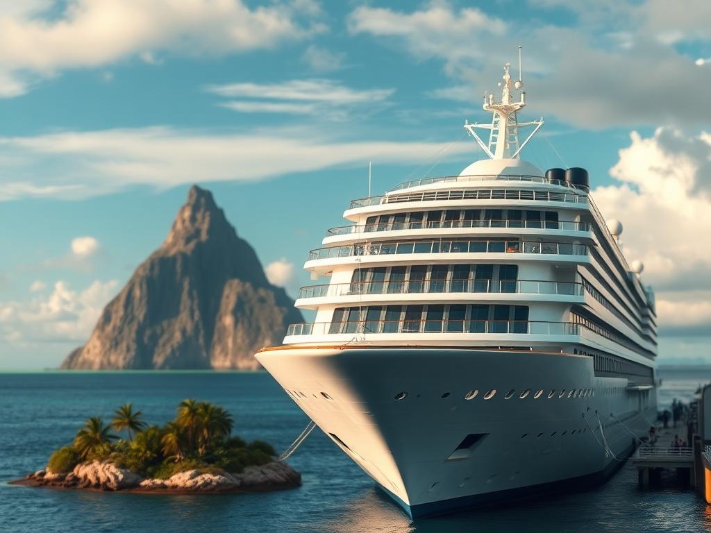 A stunning close-up shot of a luxurious cruise ship against a backdrop of an exotic island. The image highlights the allure of travel, featuring vibrant colors and inviting scenery that beckons adventure and exploration.