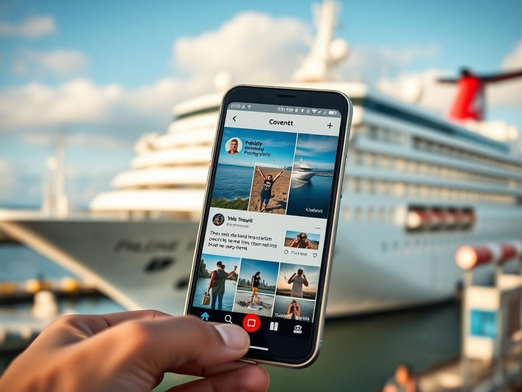 A close-up shot of a smartphone displaying social media posts about travel, with a background of a cruise ship in the harbor. The image captures the essence of connectivity and sharing experiences, showcasing how technology can enhance travel collaboration.