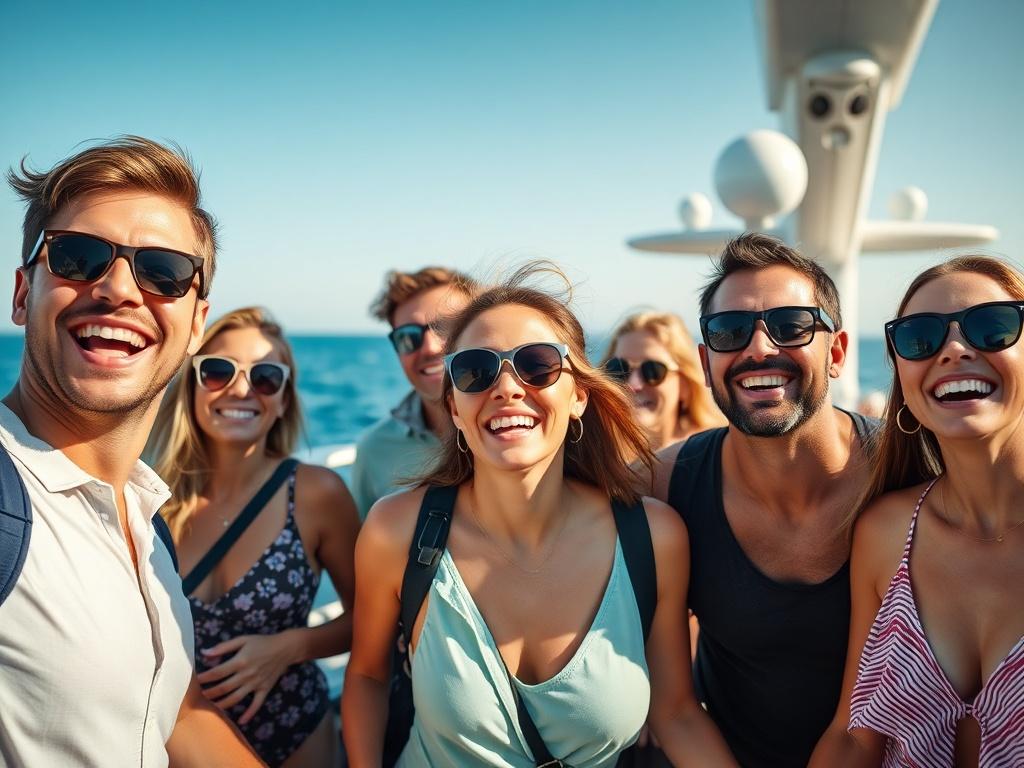A vibrant close-up shot of a group of enthusiastic individuals on a cruise ship, smiling and enjoying the sunny weather. The background features the ocean and a clear blue sky. This image represents camaraderie and the joy of travel, capturing the essence of a thriving community.