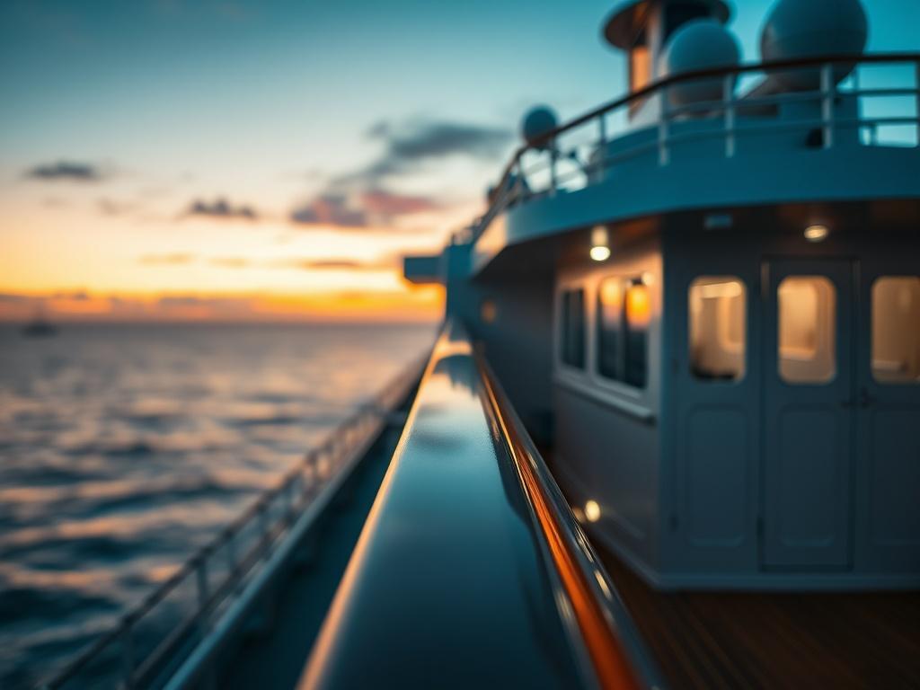 A close-up shot of a cruise ship's deck at sunset, showcasing the serene ocean view and warm colors of the sky. The focus is on the ship, with a blurred background of the horizon. The image captures the essence of travel and exploration, evoking a sense of freedom and adventure.