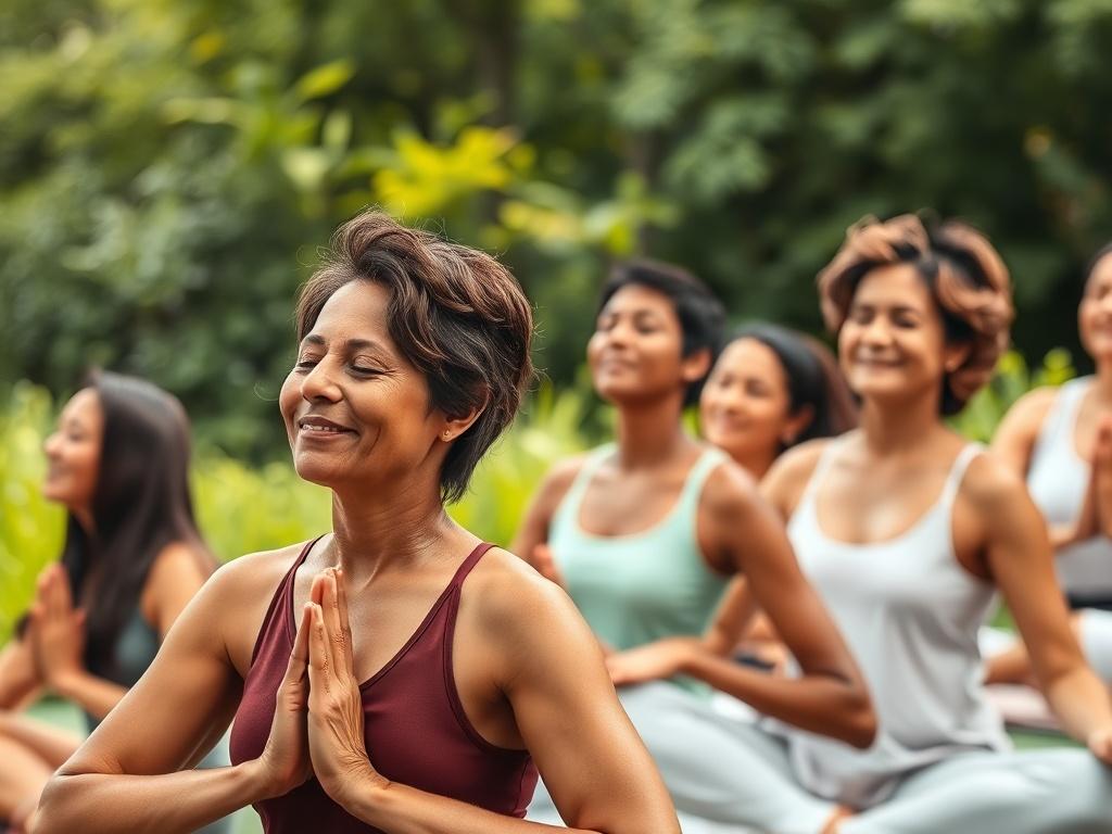 Create a realistic high-resolution photo of a serene retreat setting featuring a peaceful yoga session. The focus should be on a diverse group of individuals practicing basic facial and body yoga outdoors, surrounded by nature. Capture their expressions of relaxation and joy, with a lush green background that evokes tranquility. The composition should be simple and clear, with a close-up shot that emphasizes the participants' connection to each other and the environment. Ensure the image reflects a warm and