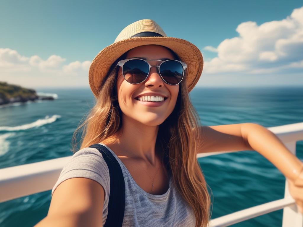 A traveler at a beautiful cruise destination, taking a selfie