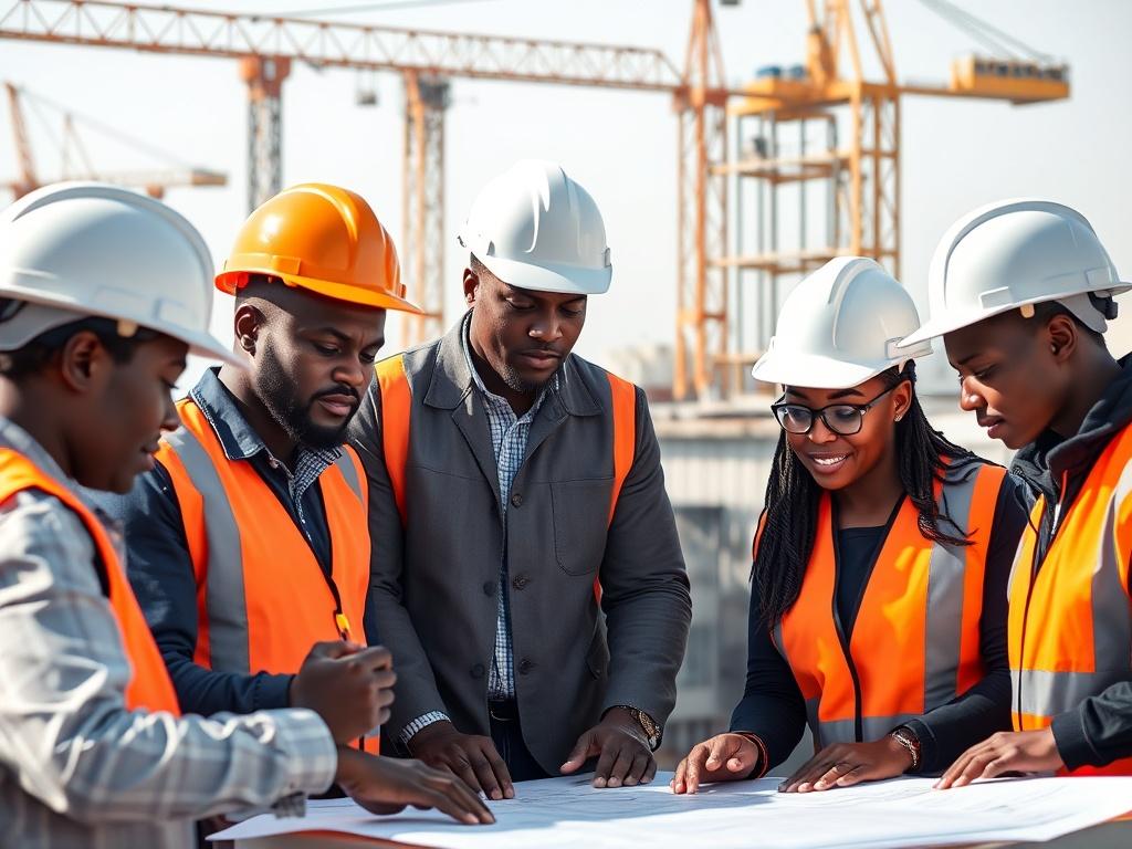 A close-up shot of a diverse group of Black professionals in construction hard hats and safety vests, collaborating over blueprints on a construction site. The background features cranes and scaffolding, showcasing an active construction site. The focus is on the teamwork and engagement of the individuals, highlighting their contribution to the project. The lighting is bright and clear, capturing a sense of professionalism and determination.