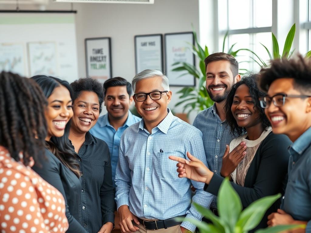 A close-up shot of a diverse group of employees in a modern office celebrating a team's success. The atmosphere is joyful, with employees smiling and engaging in a team recognition event. The background features a bright and airy office space with plants and motivational posters. The image should convey a sense of unity, positivity, and professionalism, captured with a 45mm f/1.2 lens to emphasize the expressions and interactions among the employees.