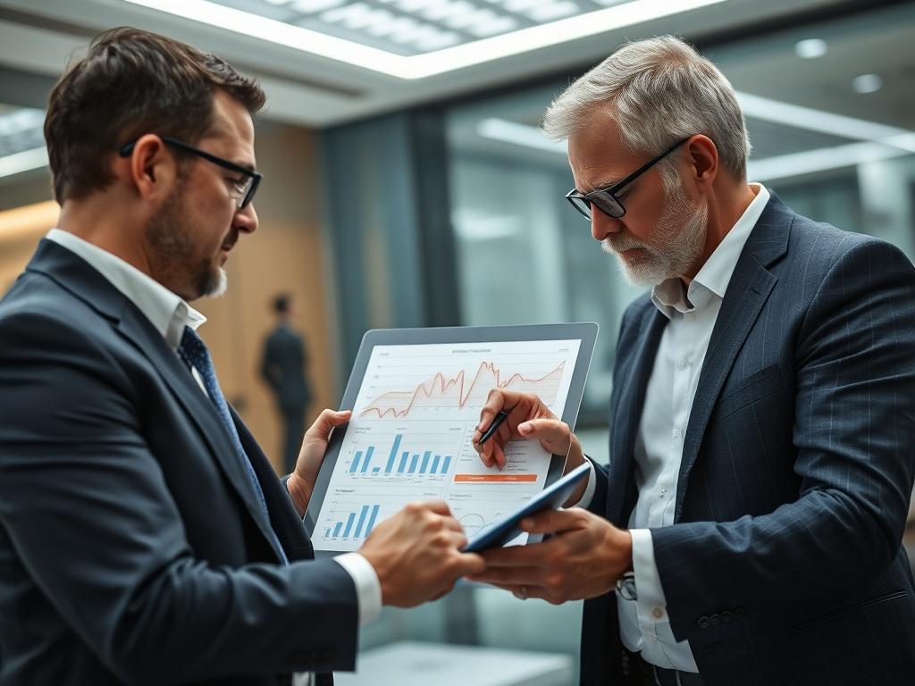 A close-up shot of a professional consultant discussing risk management strategies with a business leader, with graphs and charts on a tablet. The background should be a sleek office environment, reflecting a serious and focused atmosphere, harmonizing with the #CFB07C color.