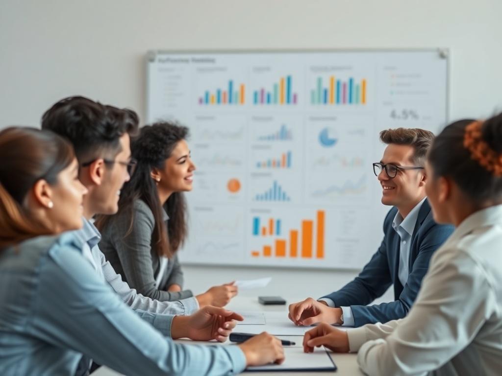 A high-resolution image of a team meeting in progress, showing diverse professionals engaged in discussion and teamwork. The setting is bright and collaborative, with a focus on a whiteboard filled with performance metrics, creating an inspiring atmosphere that aligns with the #CFB07C color.